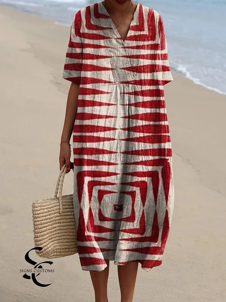 Watercolor Splash Geometric Line Print Flowy Dress