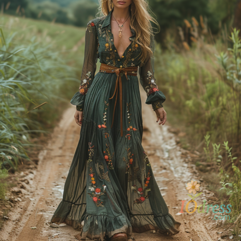 IO Dress Vintage V-neck linen women's long-sleeved long dress pastoral style linen dress