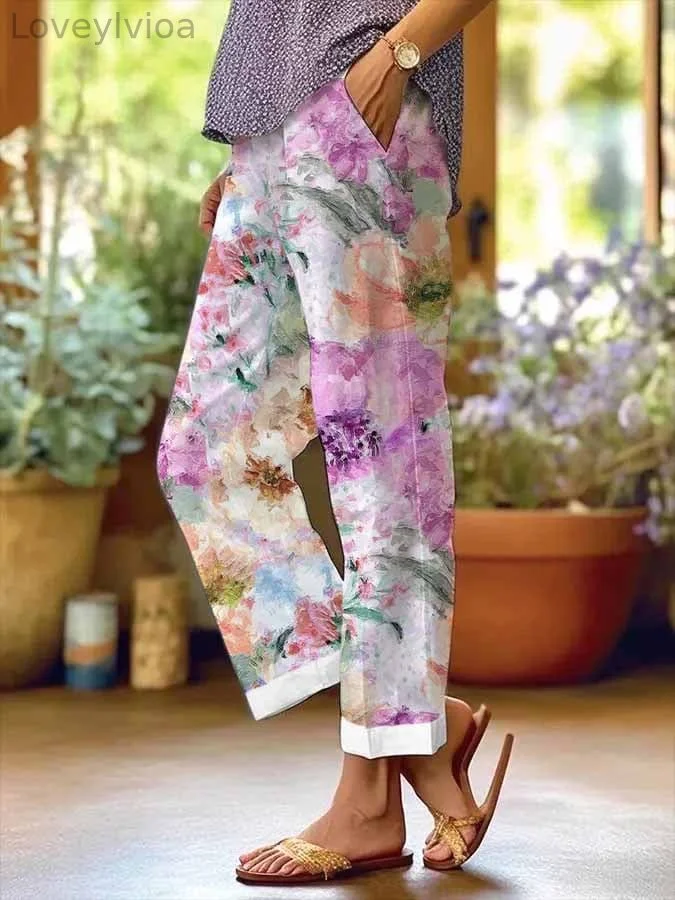Women's Purple Floral Print Casual Pants