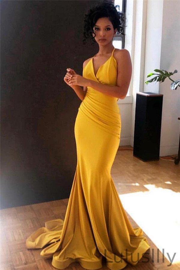 Charming Yellow Spaghetti-Straps Long Mermaid Prom Dress - lulusllly