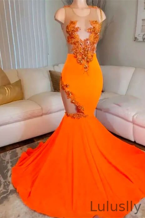 Luluslly Orange Sleeveless Scoop Mermaid Evening Gown With Beadings Long