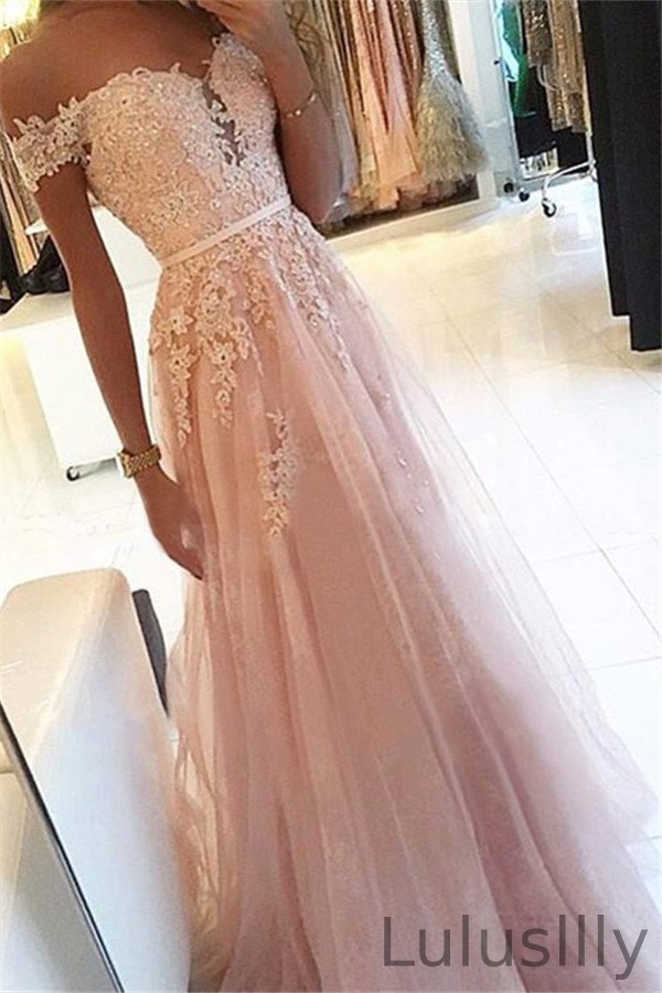 Gorgeous Off-the-Shoulder Lace Appliques Prom Dress Tulle Long Party Gowns - lulusllly