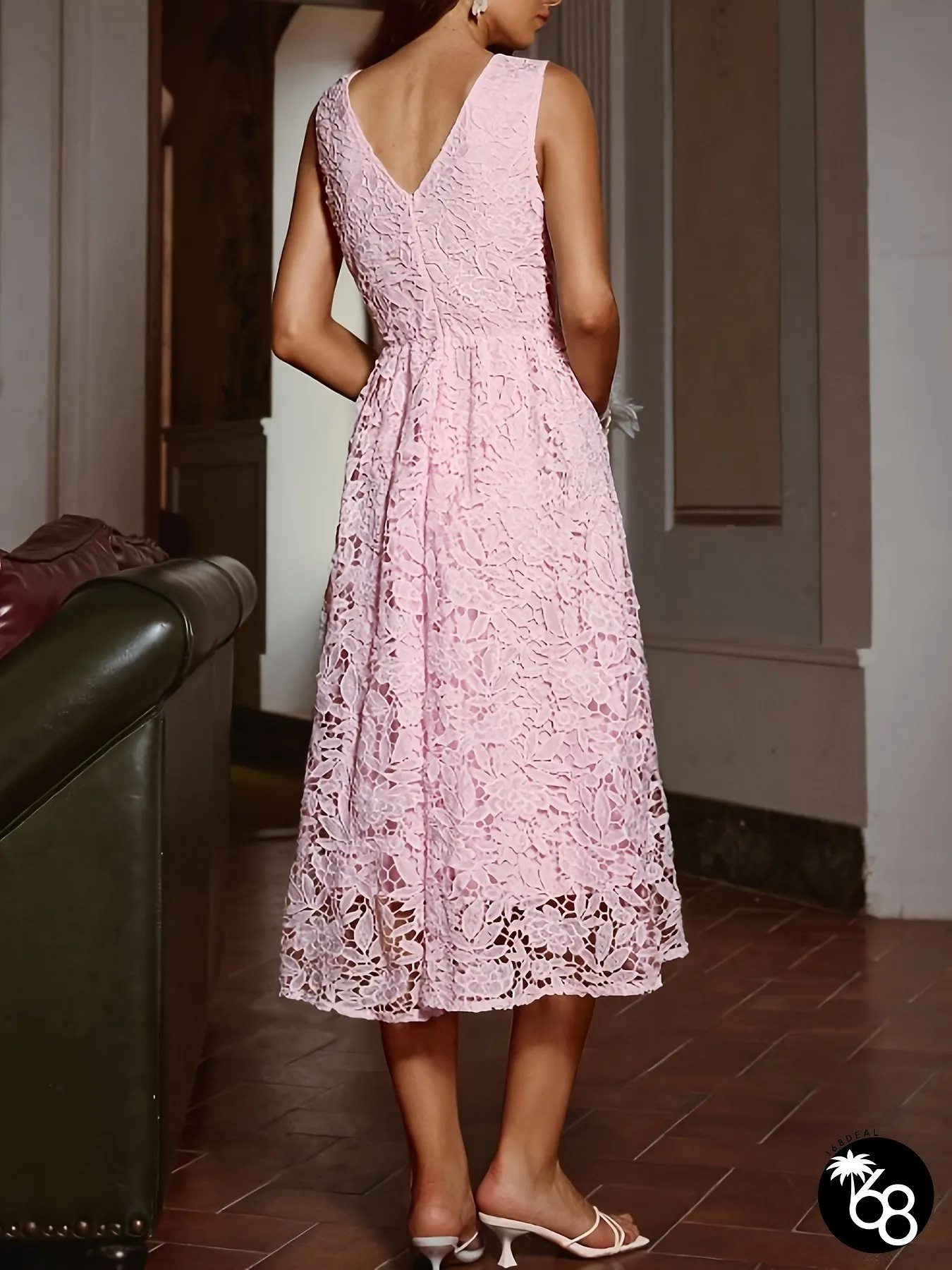Elegant Applique Lace Detailing Womens Sleeveless Long Formal Dress Round-neck Evening | 168DEAL