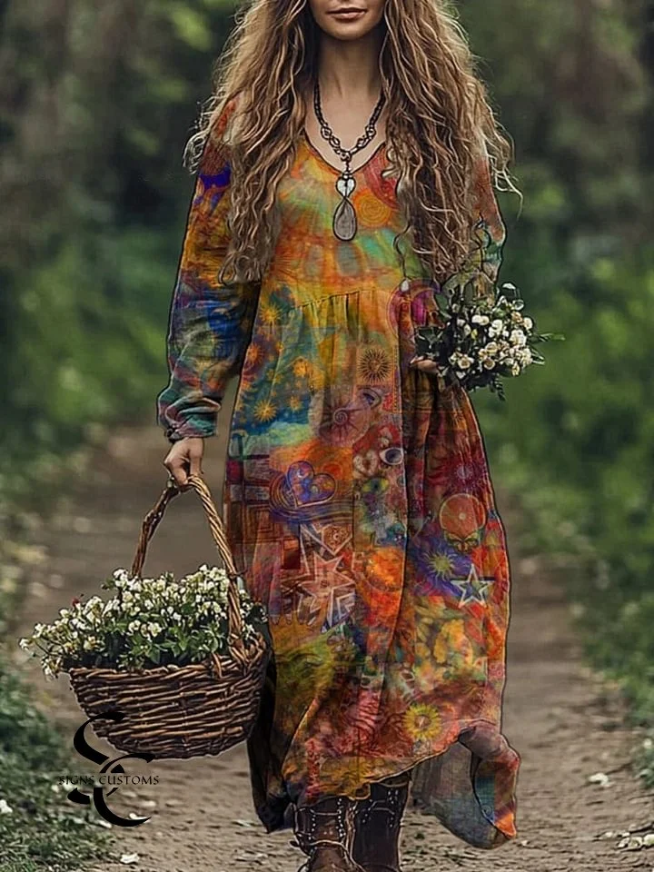 Hippie Style Collage Art Printed Women's Cotton Pocket Dress