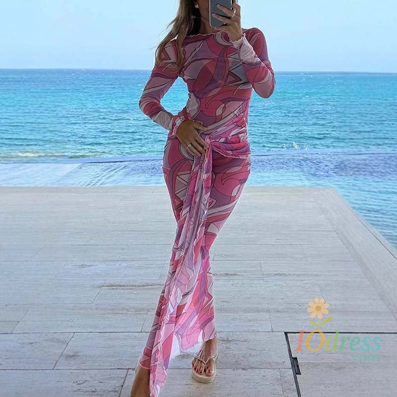 IO Dress Sexy Women Thin Mesh Bodycon Dresses Spring Summer Beach Cover Up Dress Fashion O-neck Long Sleeved High Waist Vacation Dress IO Dress