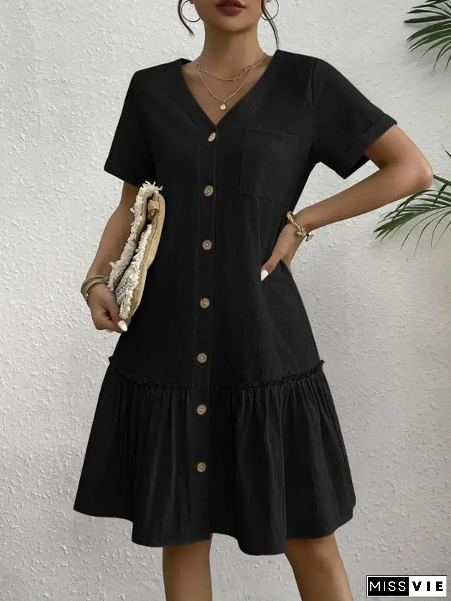 Womens Casual Summer V-Neck Button-Up Dress Short Sleeve Ruffled Hem A-Line Party