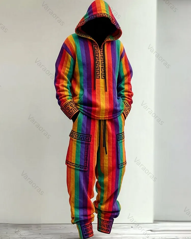 Men's Summer Fashion Rainbow Color Block Linen Hoodie & Pants Two-Piece Set 8269