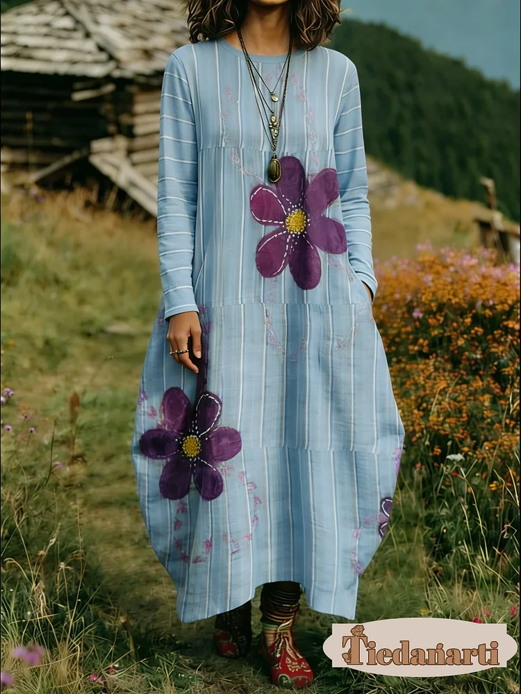 Women's Floral Print Crew Neck Long Sleeve Cotton Pocket Dress