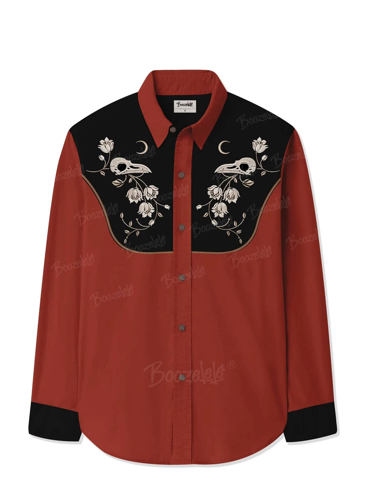 【Embroidery】Flower And Raven Skull - 100% Cotton Long Sleeves Shirt