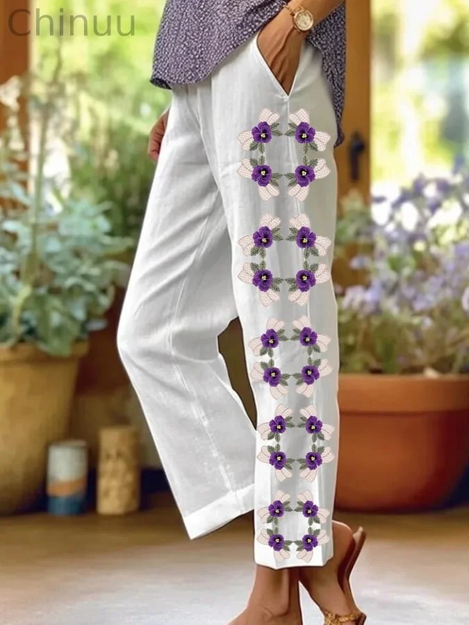 Women's Purple Flower Alzheimer's Awareness Support Casual Pants