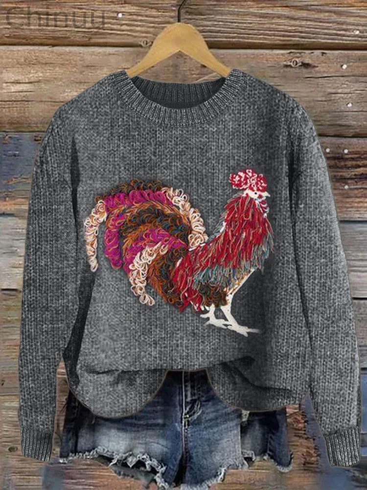 Colorful Rooster Yarn Art Cozy Knit Sweater