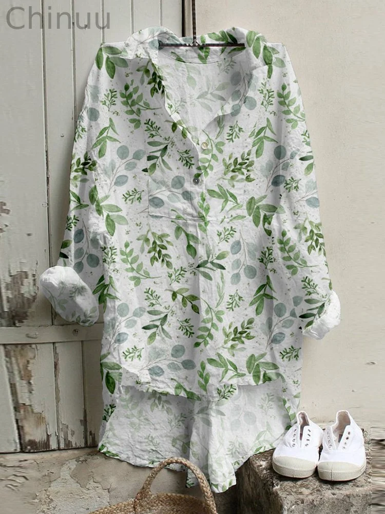 Watercolor Leaves Linen Blend High Low Tunic