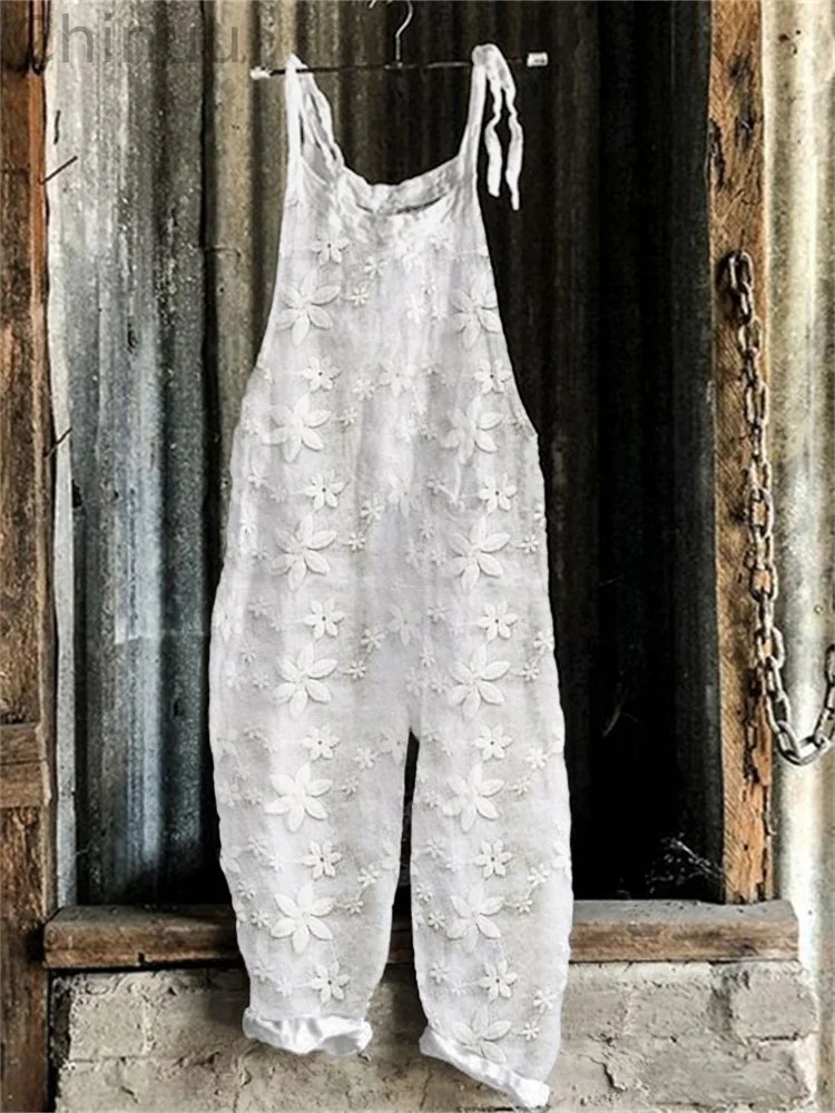 Floral Lace Embroidered Linen Blend Jumpsuit