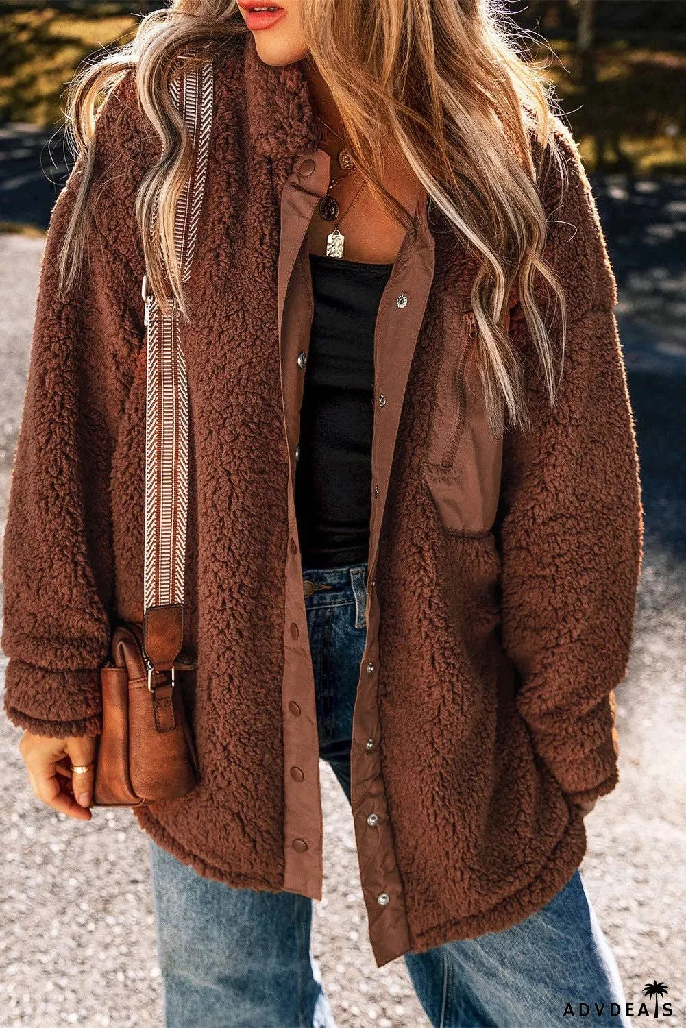 Fuzzy Snap Down Dropped Shoulder Jacket