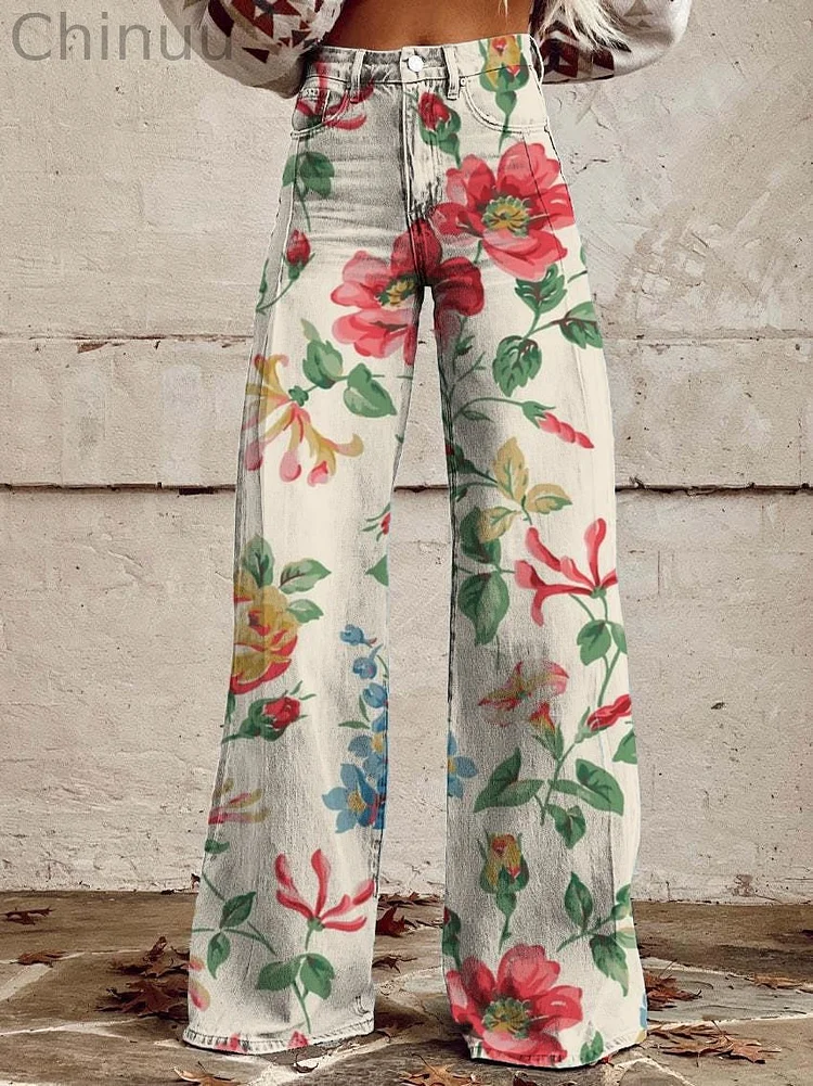 Women's Vintage Botanical Floral Wide Leg Pants