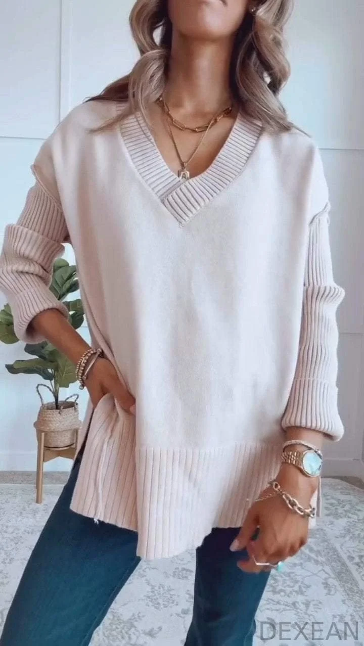 Women's V-neck Slit Knit Blouse