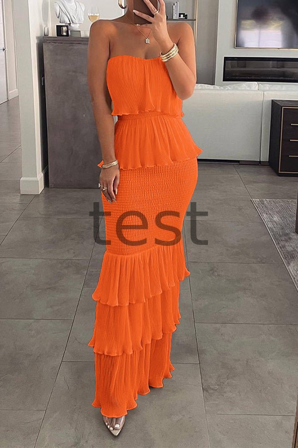 Cedric Off Shoulder Shirred Ruffle Hem Layered Dress RY