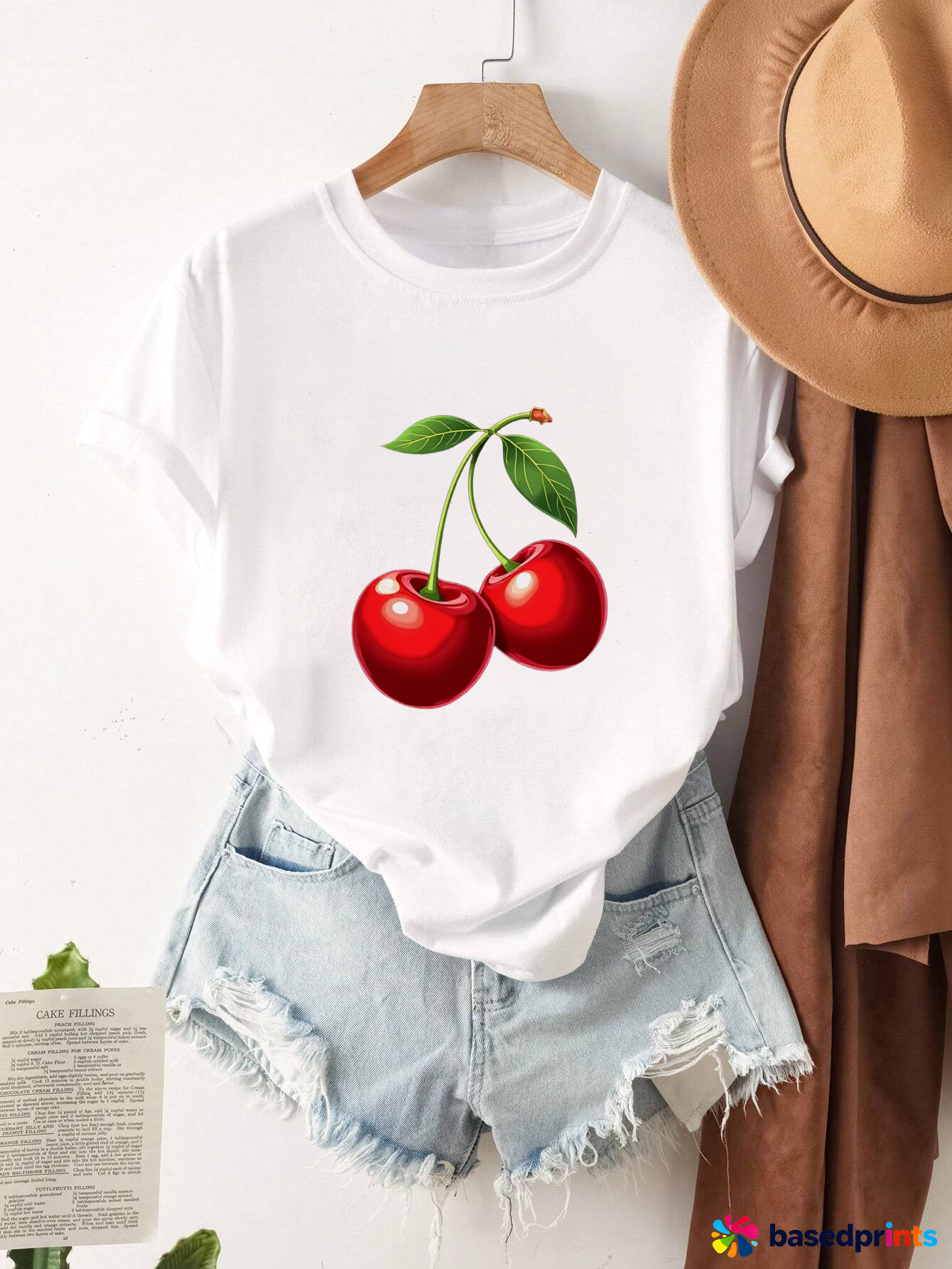White Cherry Print T-Shirt Women Casual Short Sleeve Tops
