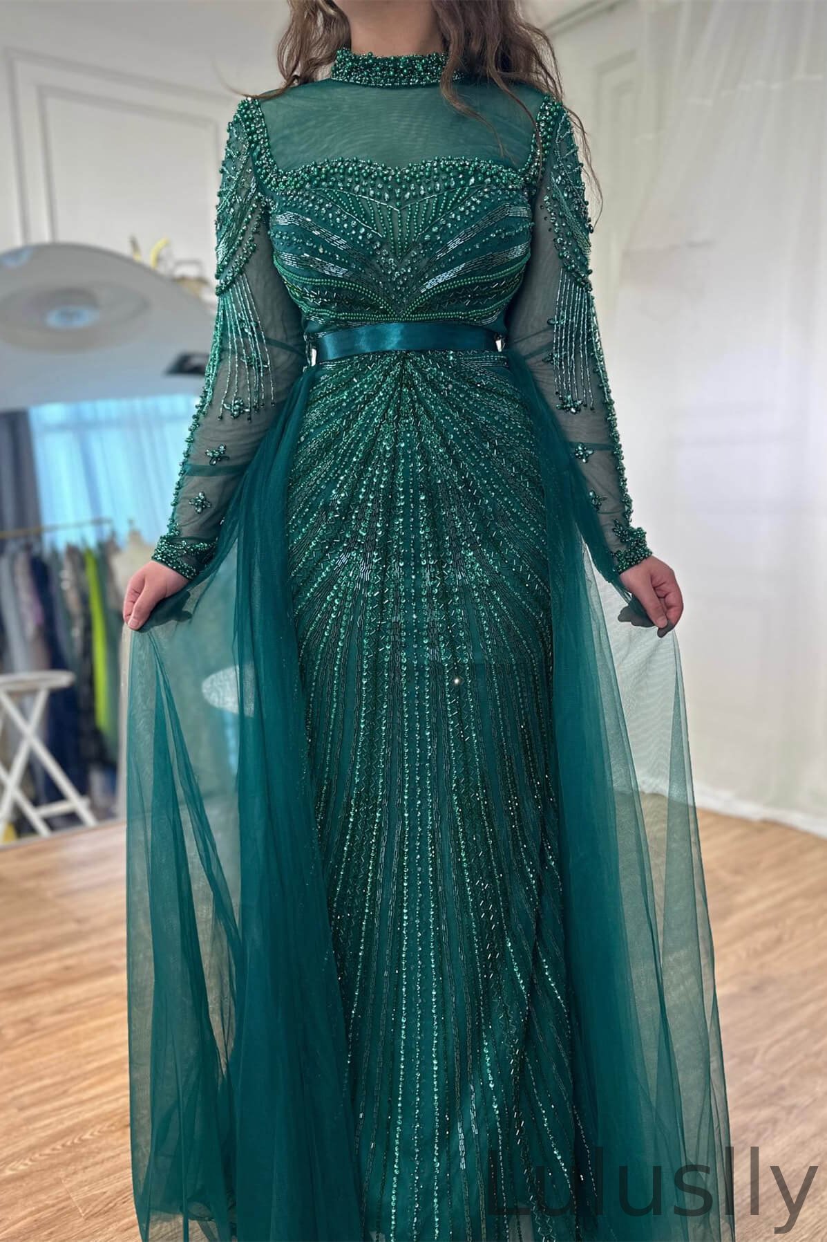 Luluslly Emerald Green High Neck Mermaid Formal Prom Dresses With Beadings Overskirt Long Sleeves