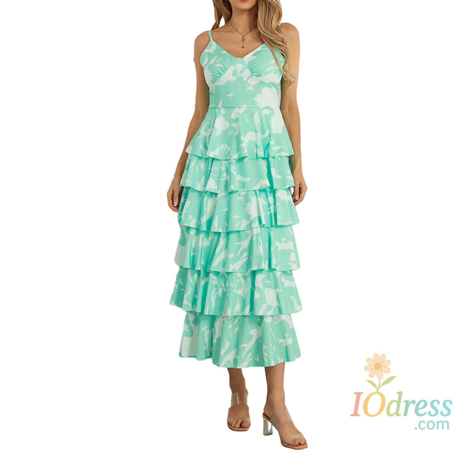 IO Dress Sweet Floral Print Long Dress V-Neck Tiered Ruffles Sleeveless Cami Dress Women Summer Casual Beach Party Dress IO Dress