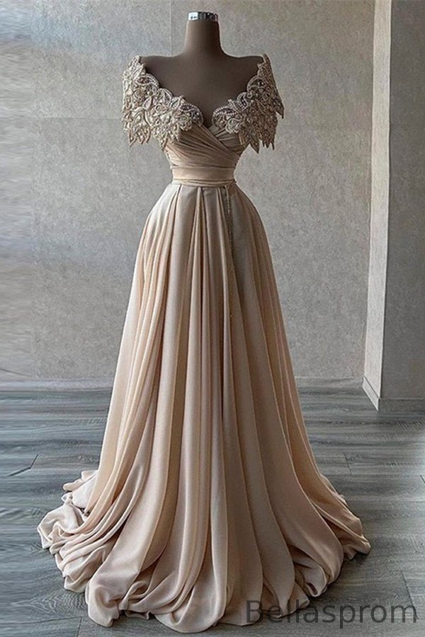 Bellasprom Off-the-Shoulder S-Line Long Prom Dresses With Beads Pearls Bellasprom