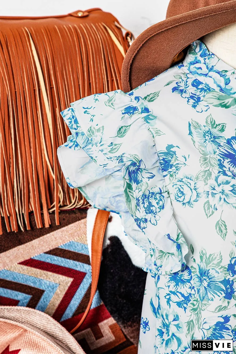 Fashion-W Floral Print Ruffle Sleeve Frilly Button Up Shirt