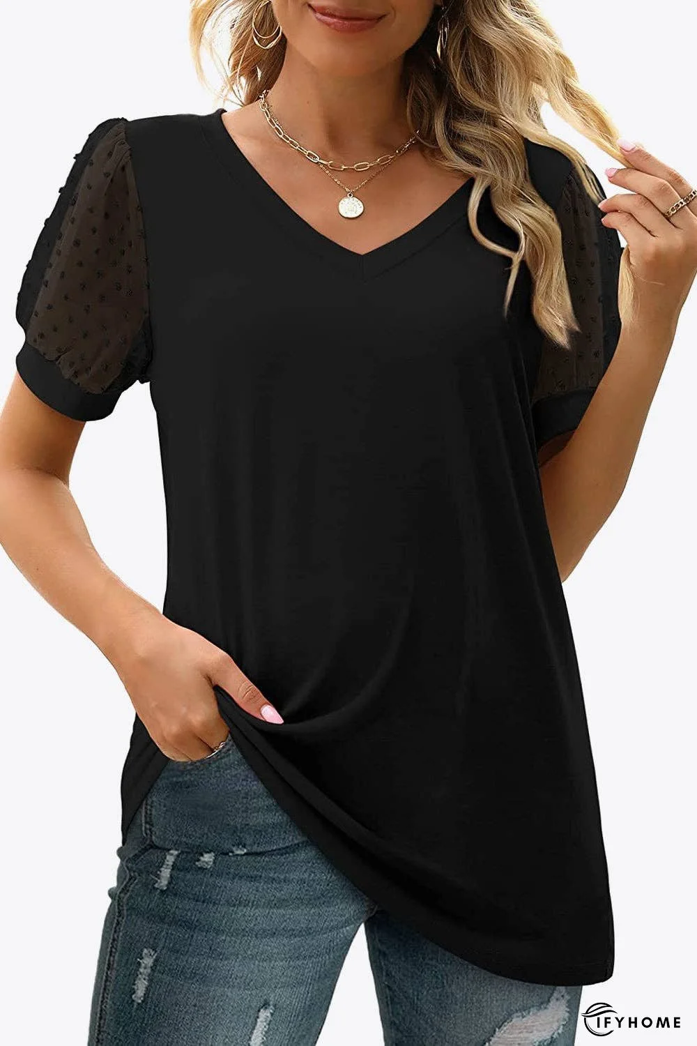 Swiss Dot Puff Sleeve V-Neck Tee | IFYHOME