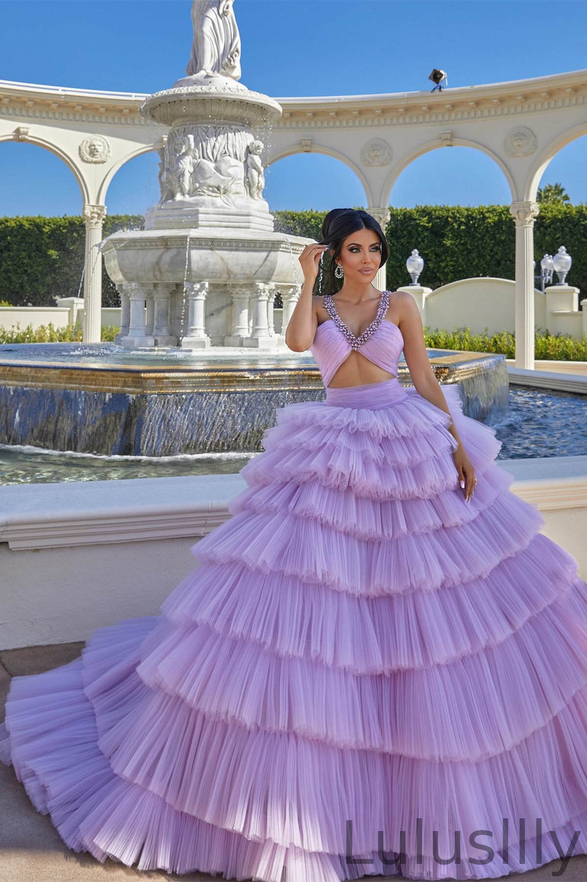 Modern Lilac Tulle Layered Evening Dress Ball Gown Sleeveless With Crystal - lulusllly