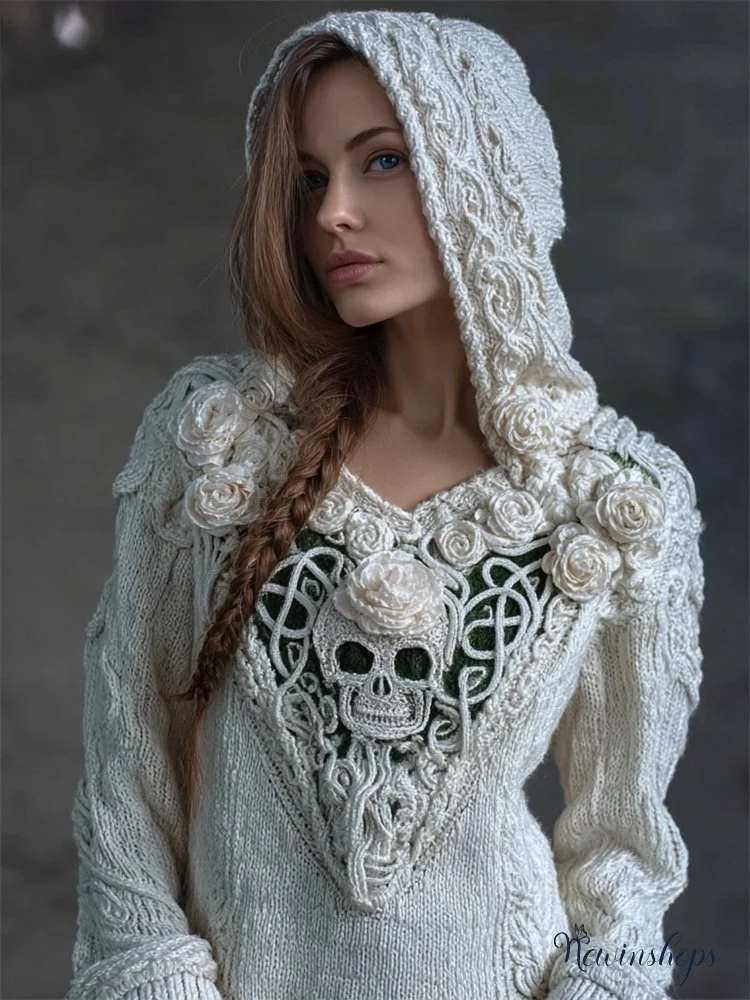 Vintage White Roses Skull Celtic Hooded Cozy Knit Sweater