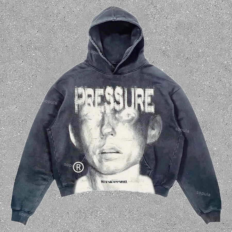Vintage Pressure Face Graphic Print Fleece Pullover Hoodie