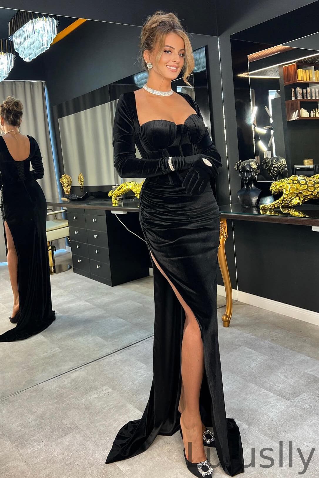 Luluslly Black Long Sleeves Sweetheart Mermaid Prom Dresses With Split Velvet
