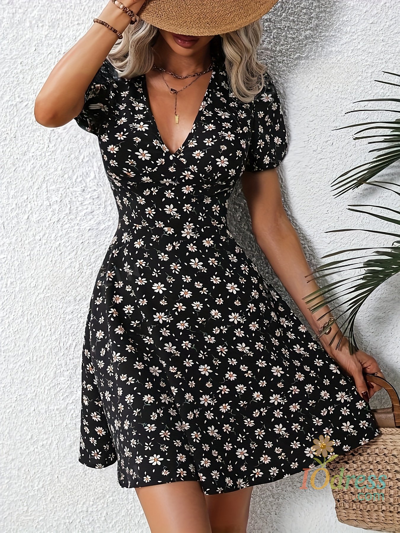 IO Dress New Summer Women's Elegant Floral Printed Dress Casual Vacation Sweet V Neck Puff Sleeve Dresses
