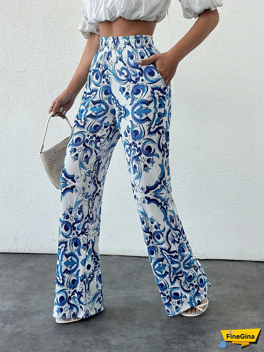 [Elegant Bohemian Pants] Blue & White Floral Print Wide-Leg Pants | Women's Elegant Bohemian High-Rise Straight Leg Design for Spring/Summer - Machine Washable, Non-Stretch Fabric, Casual Chic Wear, Lightweight Trousers
