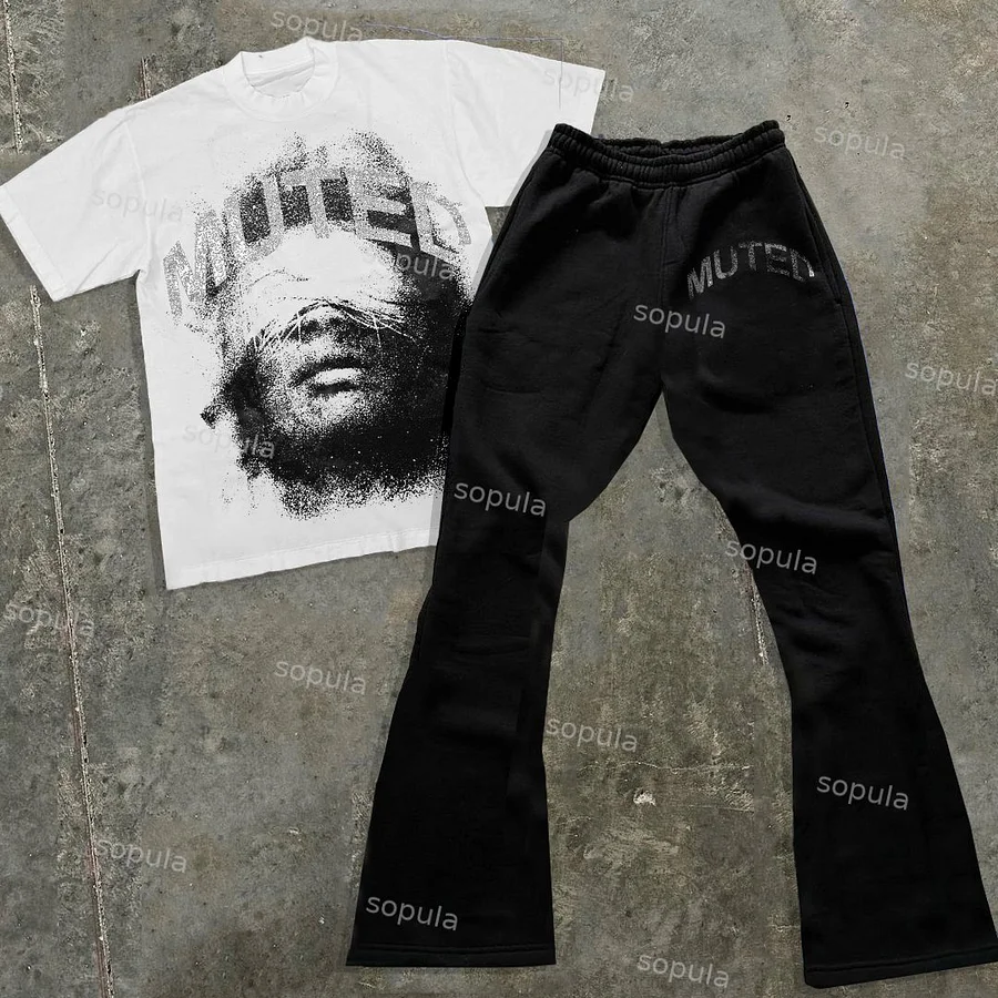 Sopula Vintage Muted Graphic Cotton Tee & Flared Trousers Two Piece Set