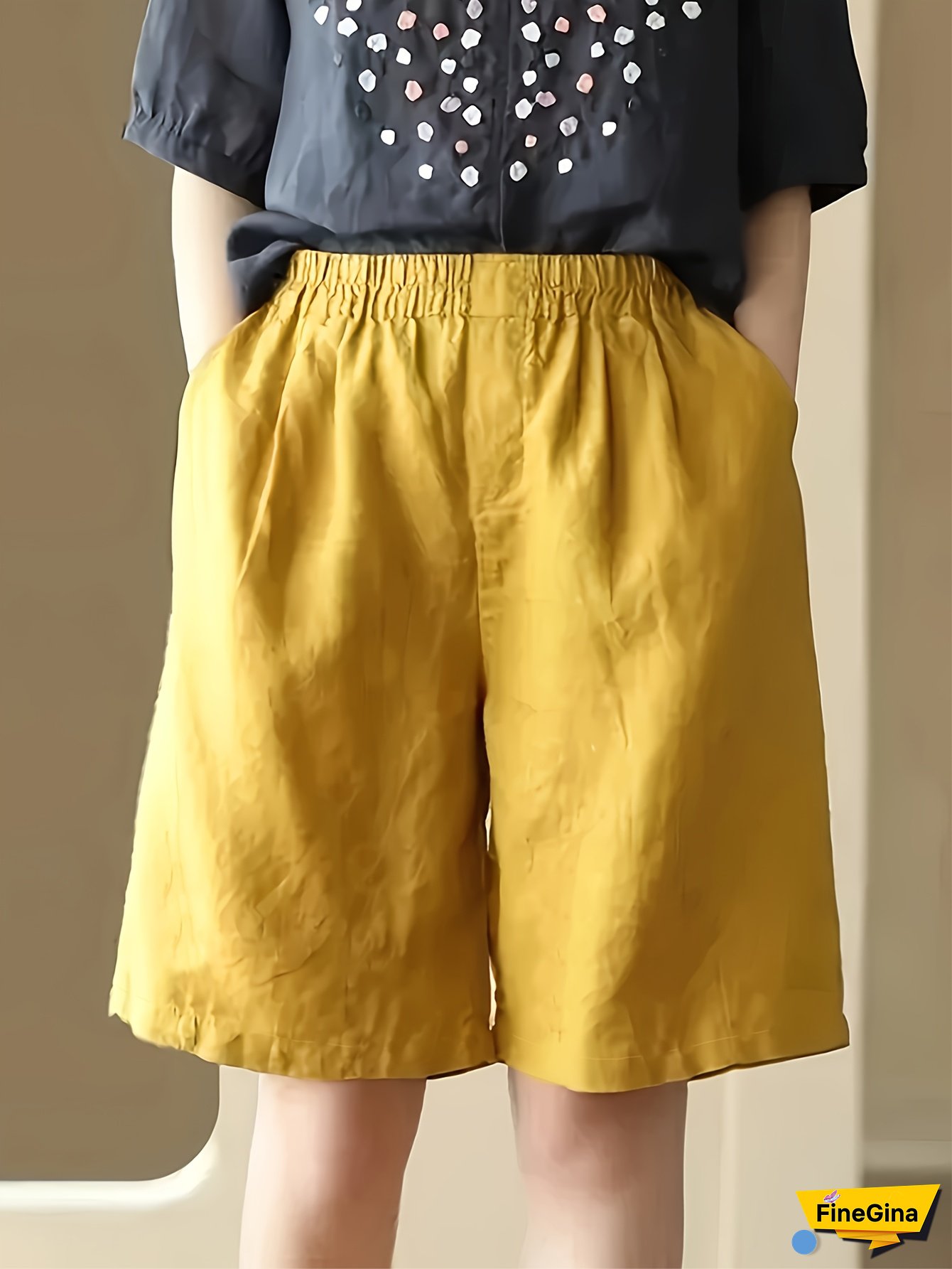 Women's Mustard Yellow Casual Office Shorts - Elastic Waist with Drawstring, Side Pockets, Lightweight Non-Stretch Fabric for Spring Summer Fall, Machine Washable, Seasonal Wear | Solid Color Design | Opaque Texture