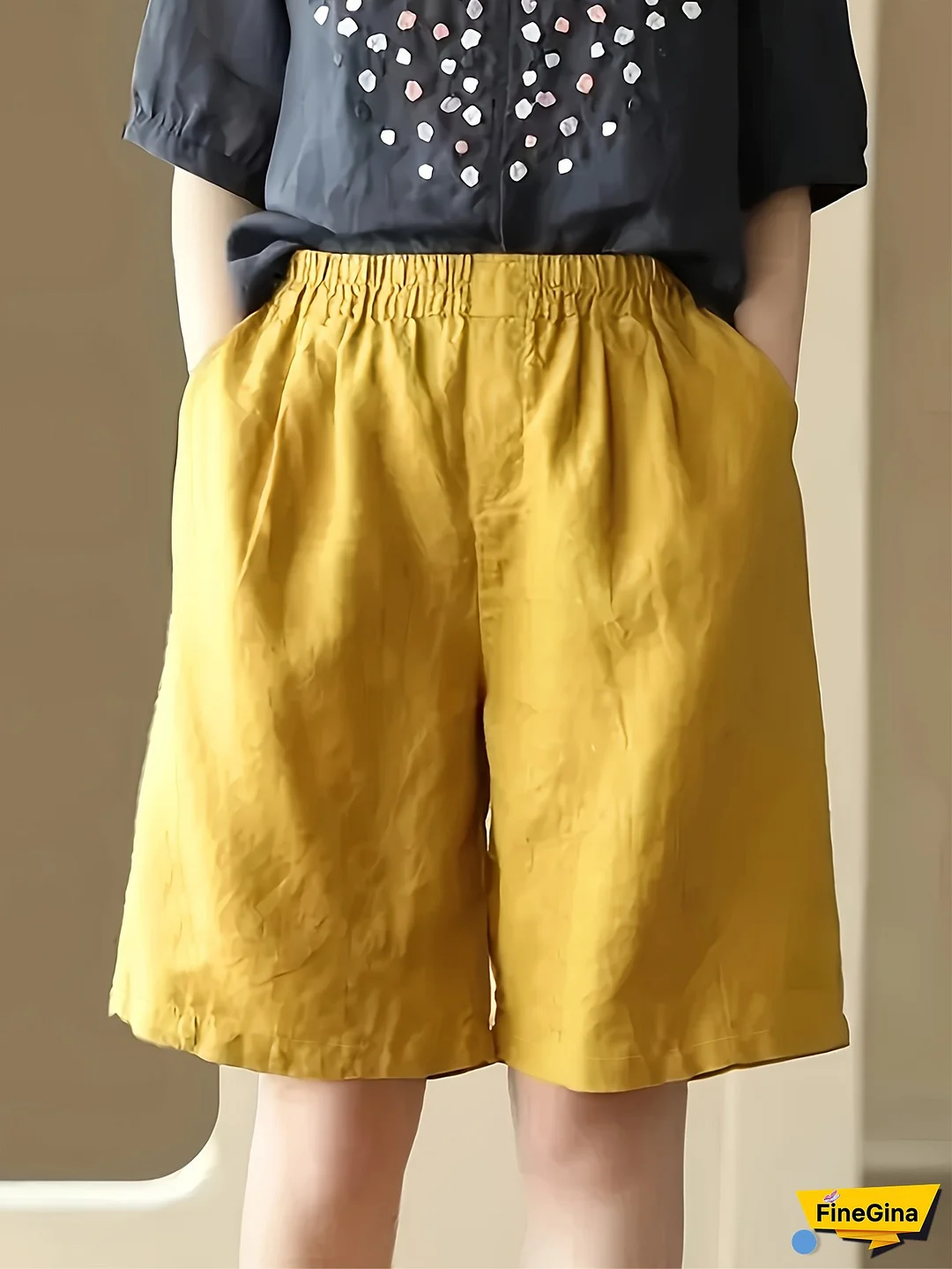Women's Mustard Yellow Casual Office Shorts - Elastic Waist with Drawstring, Side Pockets, Lightweight Non-Stretch Fabric for Spring Summer Fall, Machine Washable, Seasonal Wear | Solid Color Design | Opaque Texture
