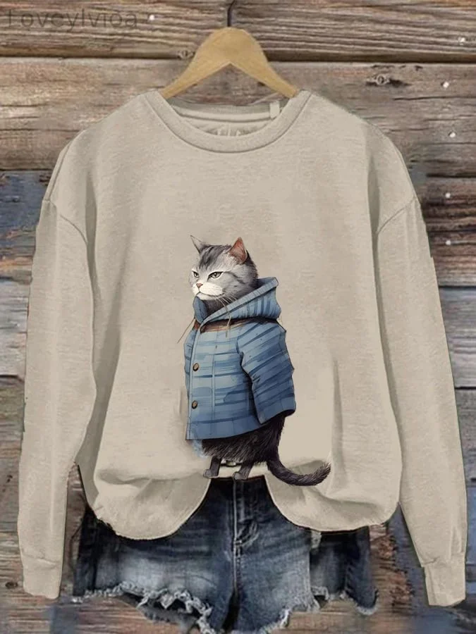 Women'S Winter Art Cat Print Crew Neck Casual Sweatshirt