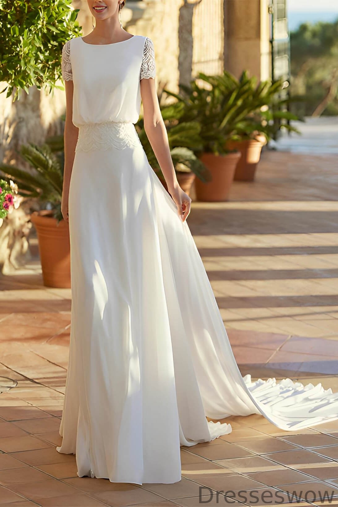 Dresseswow Scoop Short Sleeves Open Back Chiffon Wedding dress With Lace