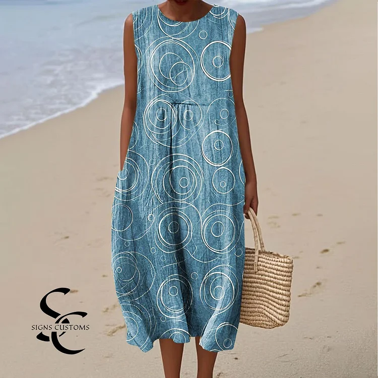 Women's Retro Abstract Pattern Art Print Sleeveless Cotton Pocket Wrap Dress