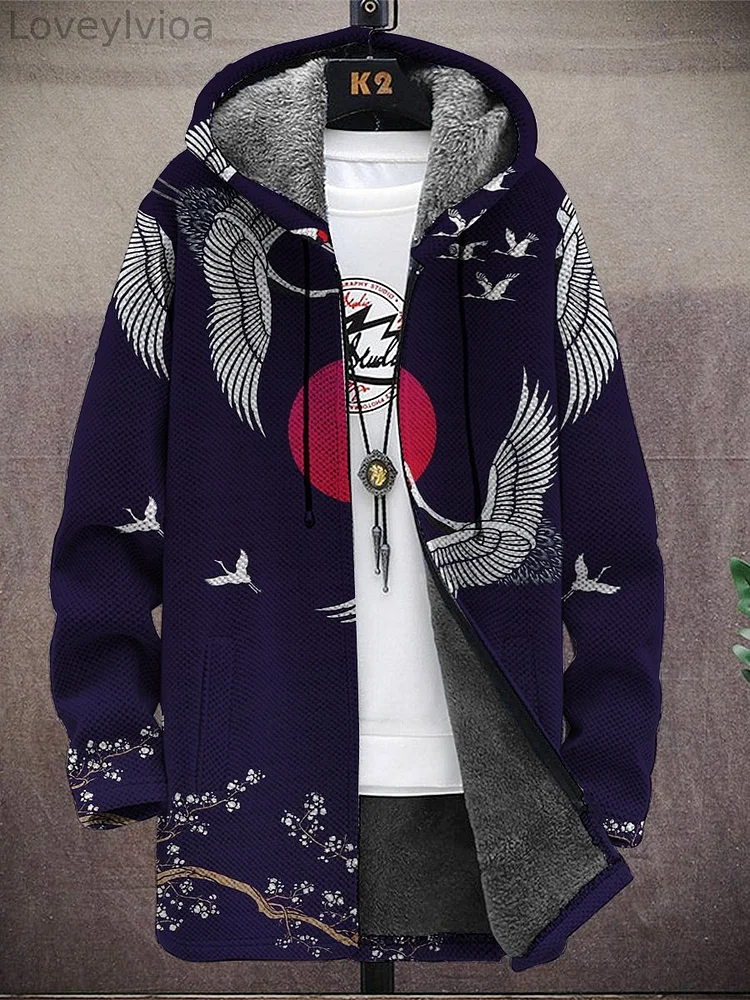 Men's Japanese Style Crane Print Hooded Two-Pocket Fleece Cardigan Jacket