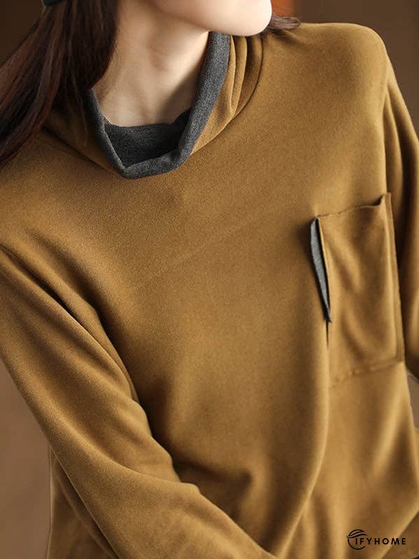 False Two Long Sleeves Contrast Color Pockets High Neck T-Shirts Tops | IFYHOME