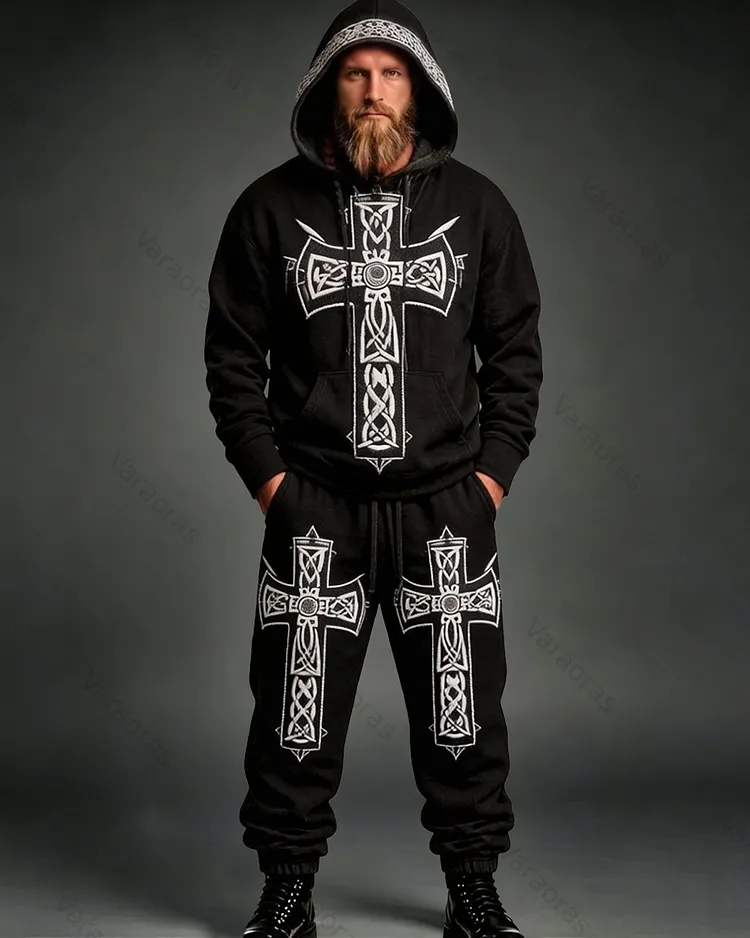 Men's Summer Fashion Viking Embroidered Cotton Linen Hooded Top and Pants Two-Piece Set 4118
