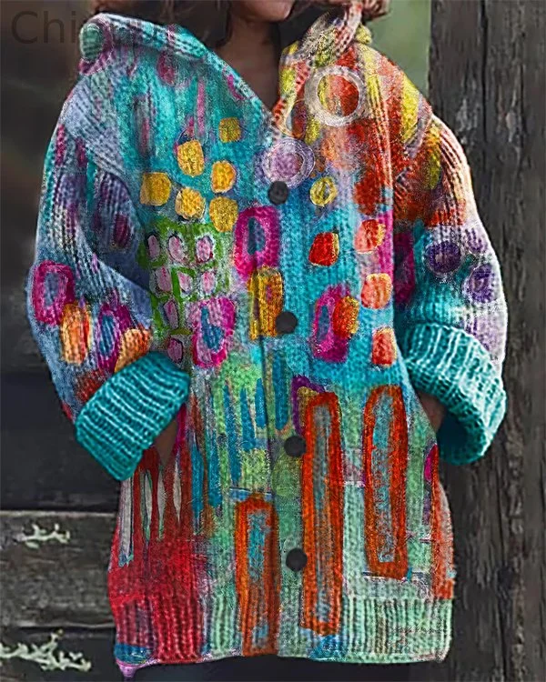 Retro Color Abstract Print Hooded Cardigan