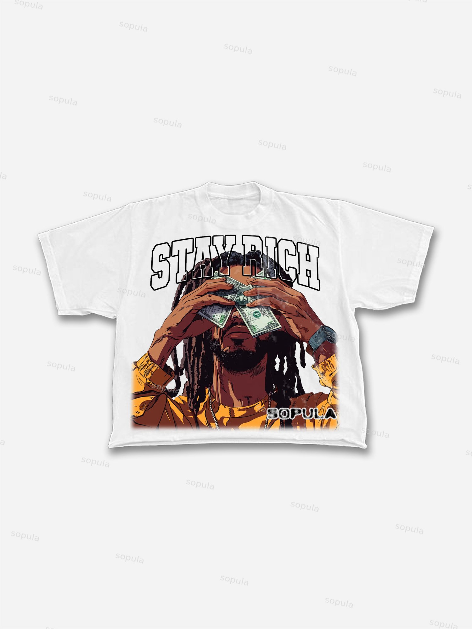 Men's Stay Rich Big Head Cartoon Graphic Cropped T-shirt