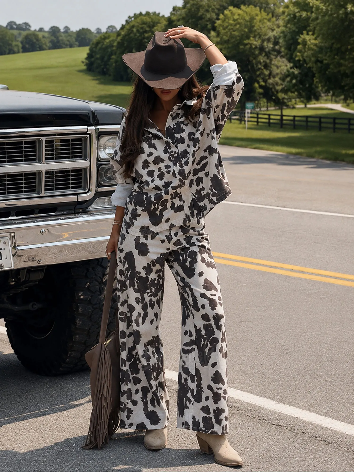 Perfect for Weekend Country Music Festivals &mdash; Women's 2026 Fall Vintage Cow Print Lapel Shirt and Flare Leg Trouser Boho Chic Matching Set