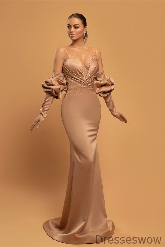 Dresseswow Sleeveless Mermaid Prom Dresses Long Sheer Top With Beads
