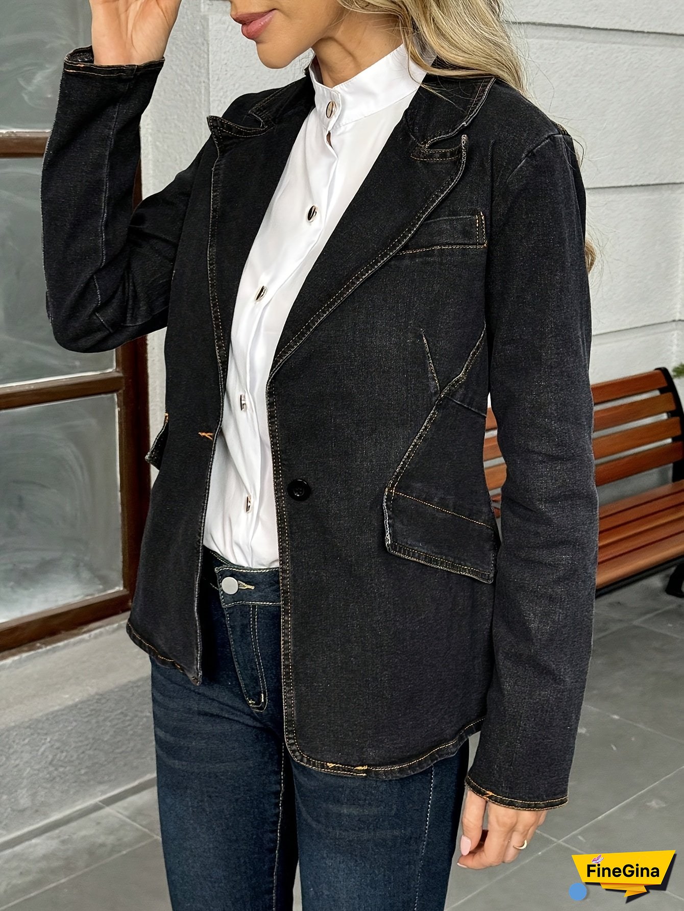 Women's Stretch Denim Jacket with Lapel Collar & Single Button Closure - Slim Fit Long Sleeve Casual Outerwear, Machine Washable Comfortable Stretch Fabric for Autumn/Winter, Winter Clothing | Durable Construction, Chicsale