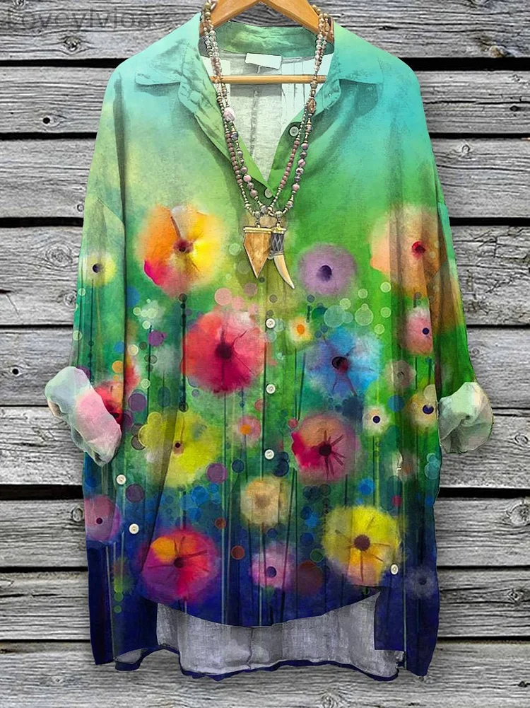 Women's Watercolor Flowers Print Casual Cotton And Linen Shirt