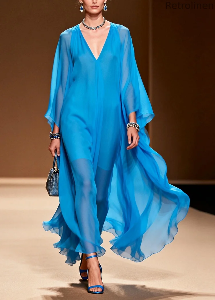 Style Blue Oversized Draping Chiffon Maxi Dress Summer