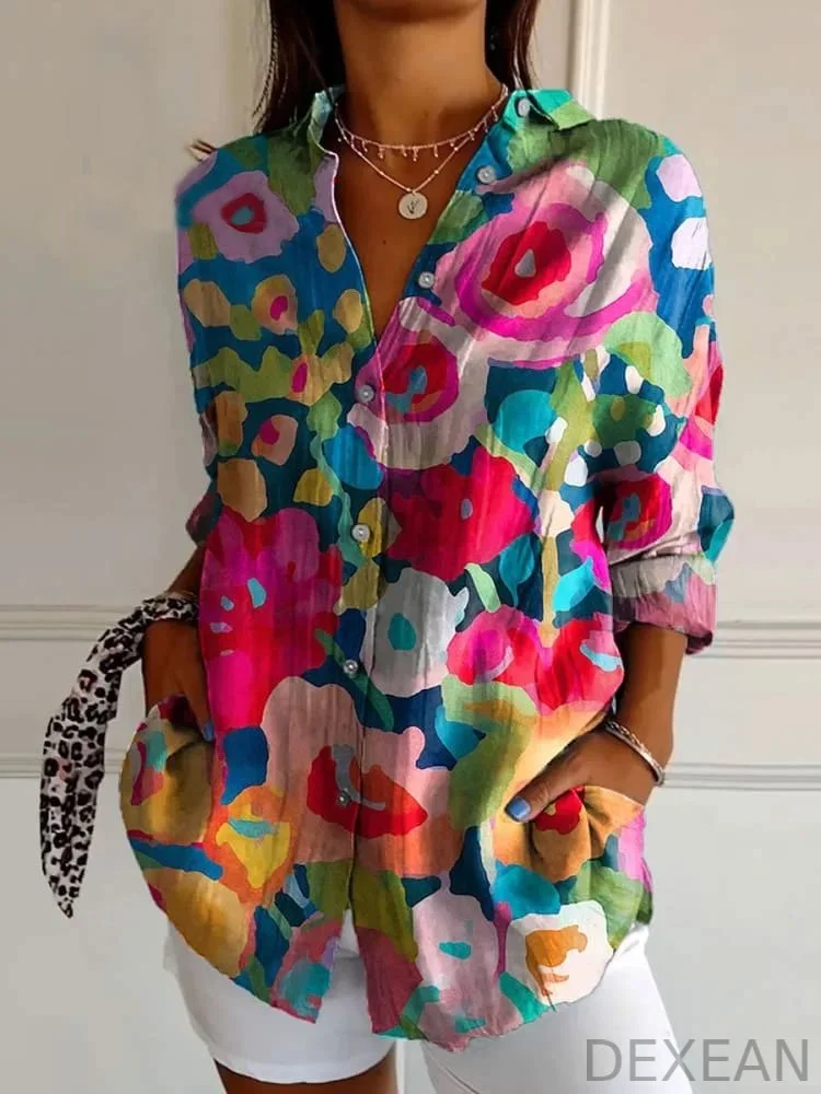 Abstract Floral Garden Art Printed Women's Casual Cotton Shirt